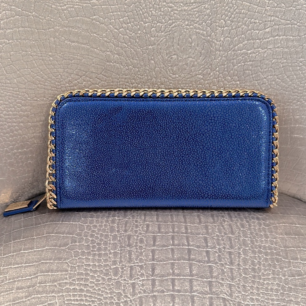 Brand New Gorgeous Blue zip around clutch wallet with Gold chain all around